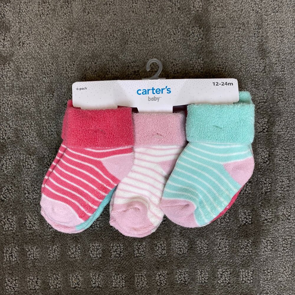 NWT Carter's Pink & Blue Striped Socks 6-Pk Size 12-24M